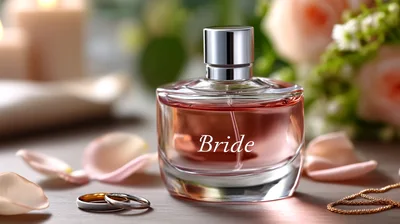 Perfume Bottle Labeled Bride With Wedding Rings And Petals
