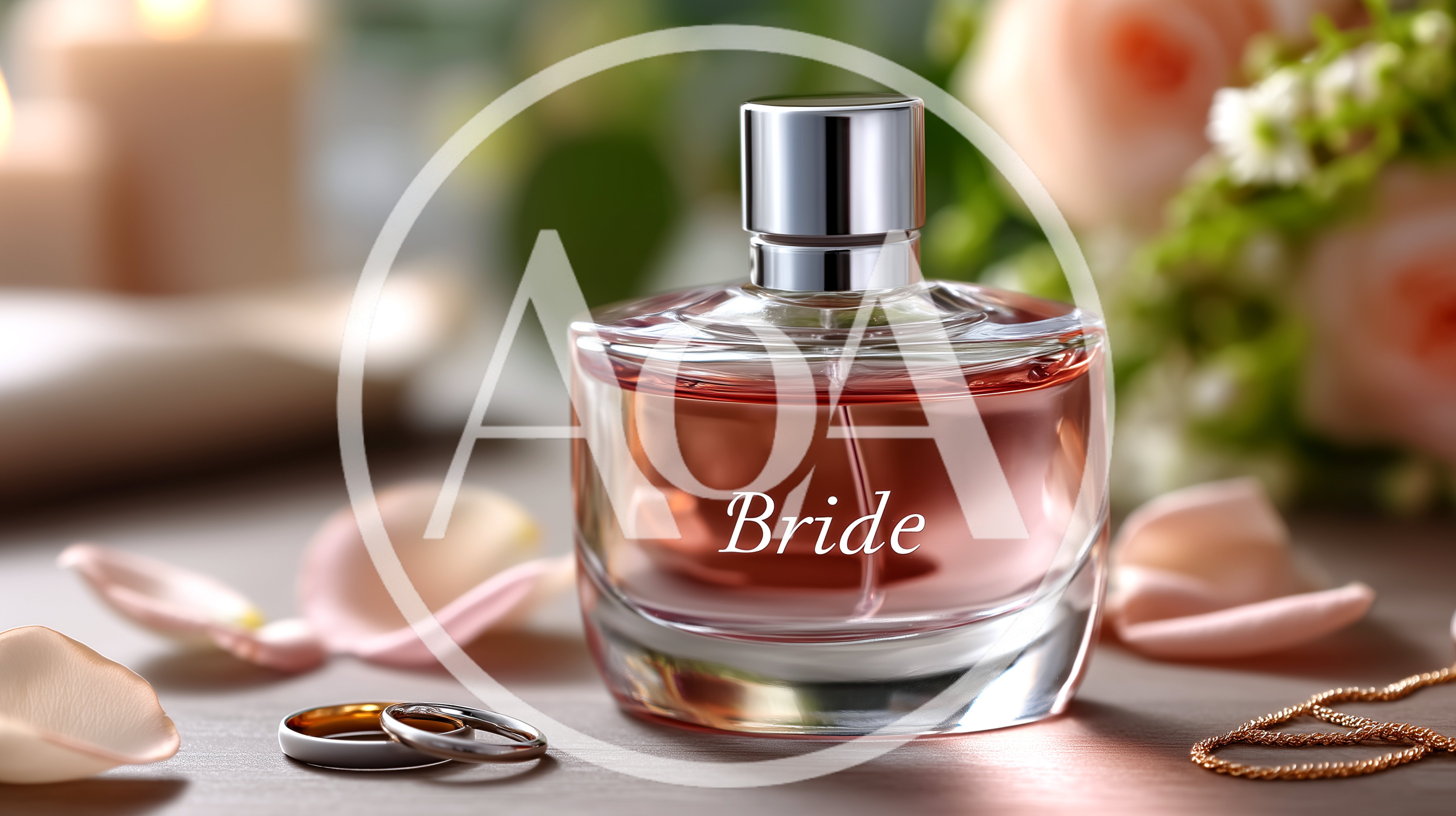 Perfume Bottle Labeled Bride With Wedding Rings And Petals