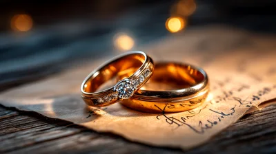 Two Gold Wedding Rings Resting On Handwritten Letter