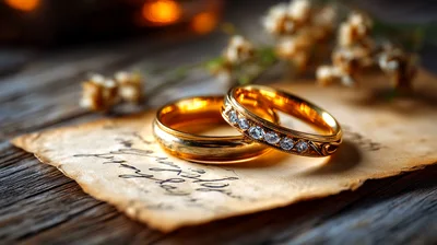 Two Gold Wedding Rings on Vintage Paper