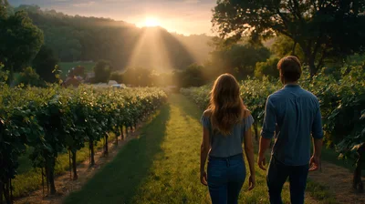 Couple Walking Through A Vineyard At Sunset