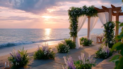 Beach Wedding Ceremony Setup At Sunset