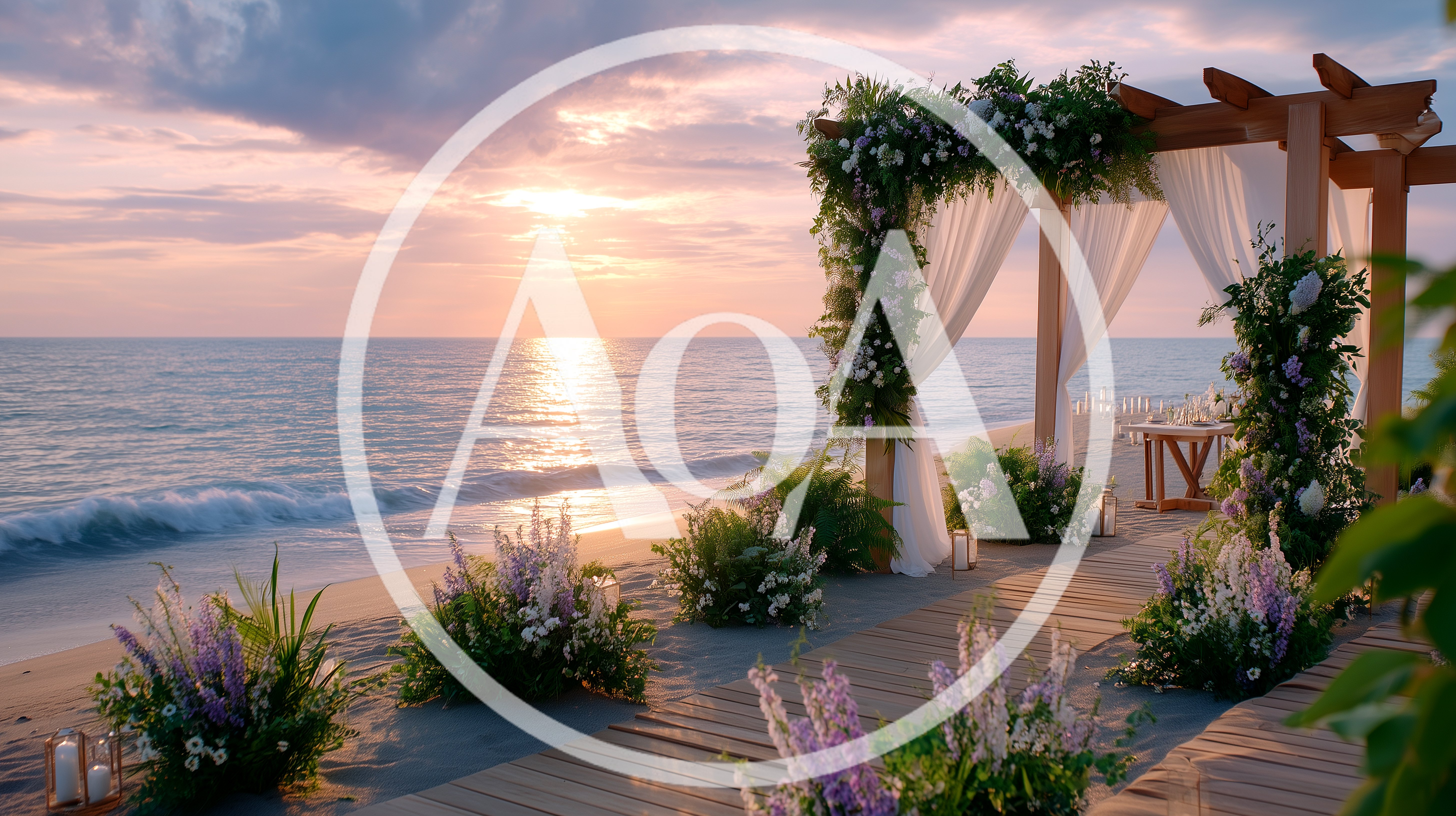 Beach Wedding Ceremony Setup At Sunset