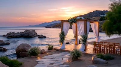 Beach Wedding Ceremony Setup At Sunset
