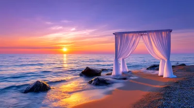 Wedding Arch With White Drapes On A Tropical Beach