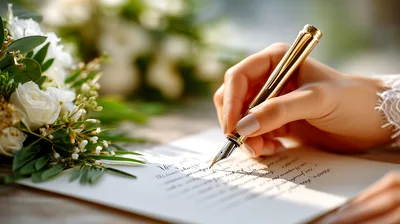 Hand Writing A Wedding Invitation With Gold Fountain Pen