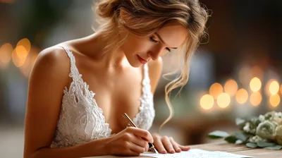 Bride Writing Wedding Vows at a Romantic Table