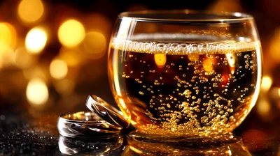 Two Wedding Rings Beside A Glass Of Sparkling Champagne