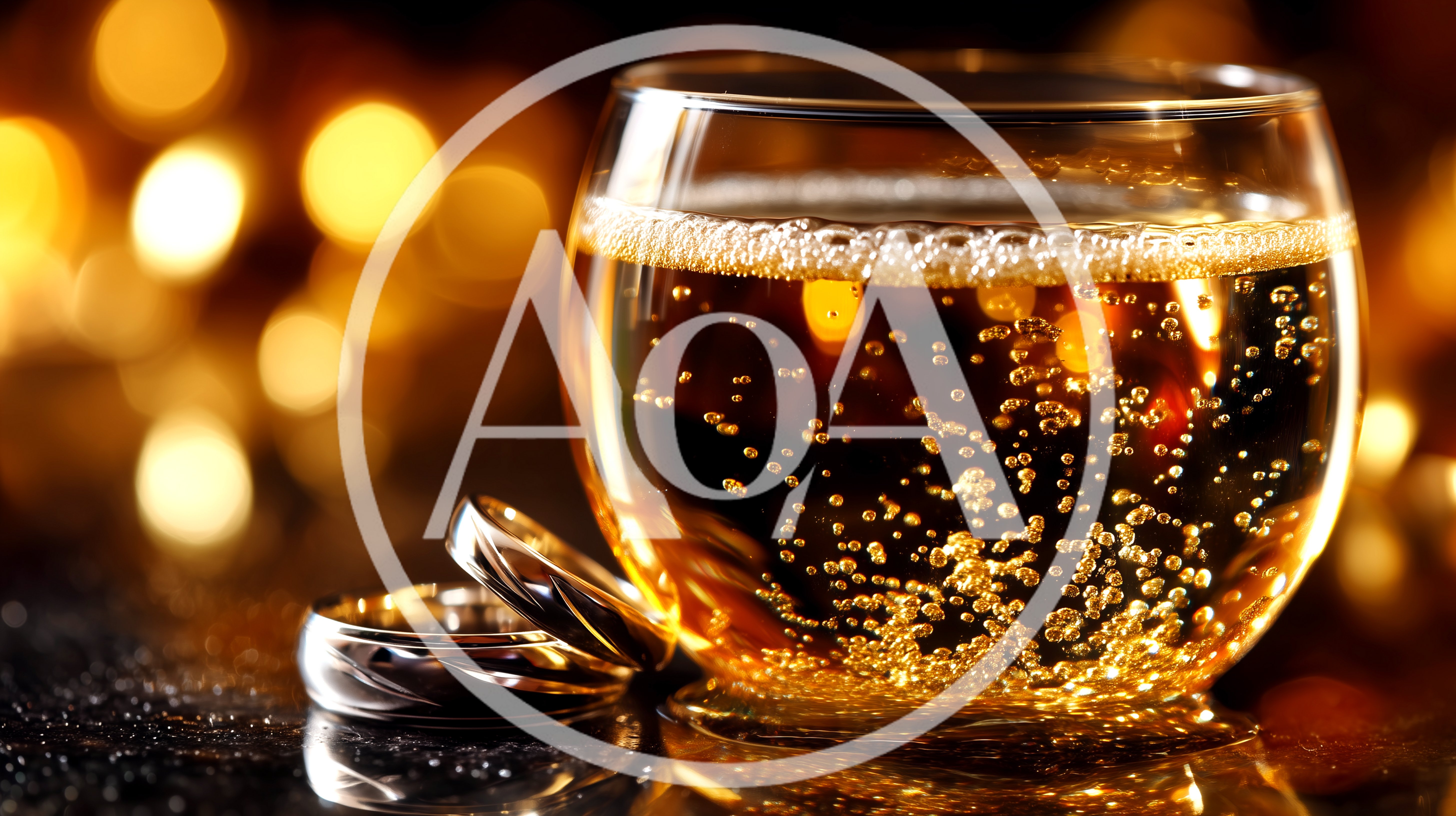 Two Wedding Rings Beside A Glass Of Sparkling Champagne