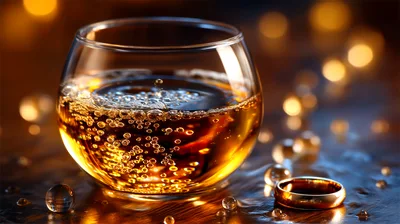 Glass Of Golden Whiskey With A Wedding Ring