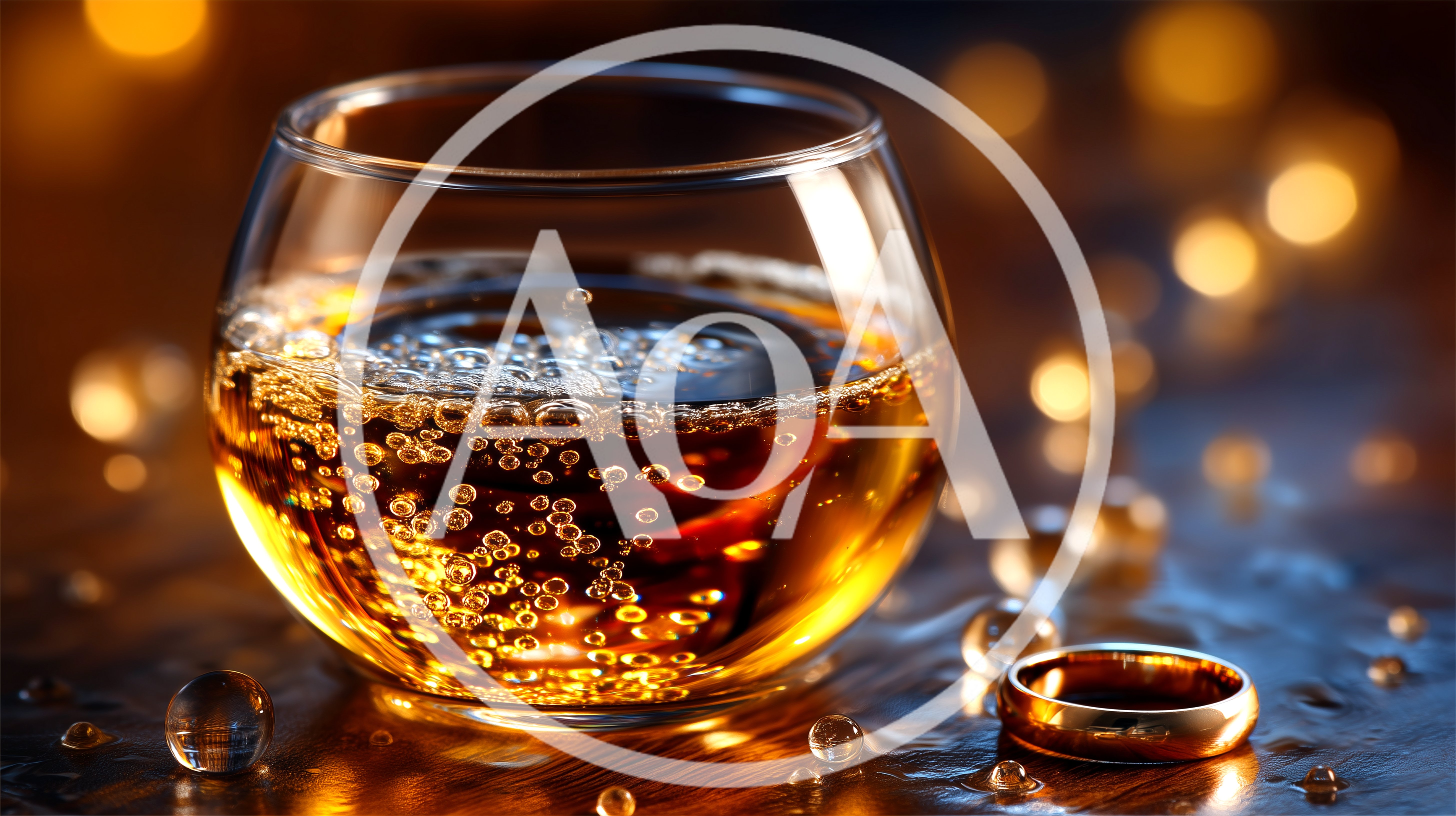 Glass Of Golden Whiskey With A Wedding Ring