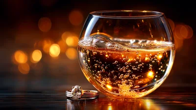 Engagement Ring Beside A Glass Of Sparkling Champagne