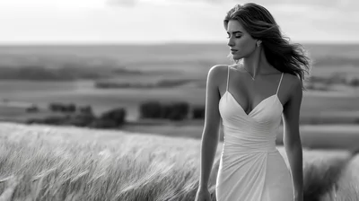 Elegant Woman In White Dress Standing In Wheat Field