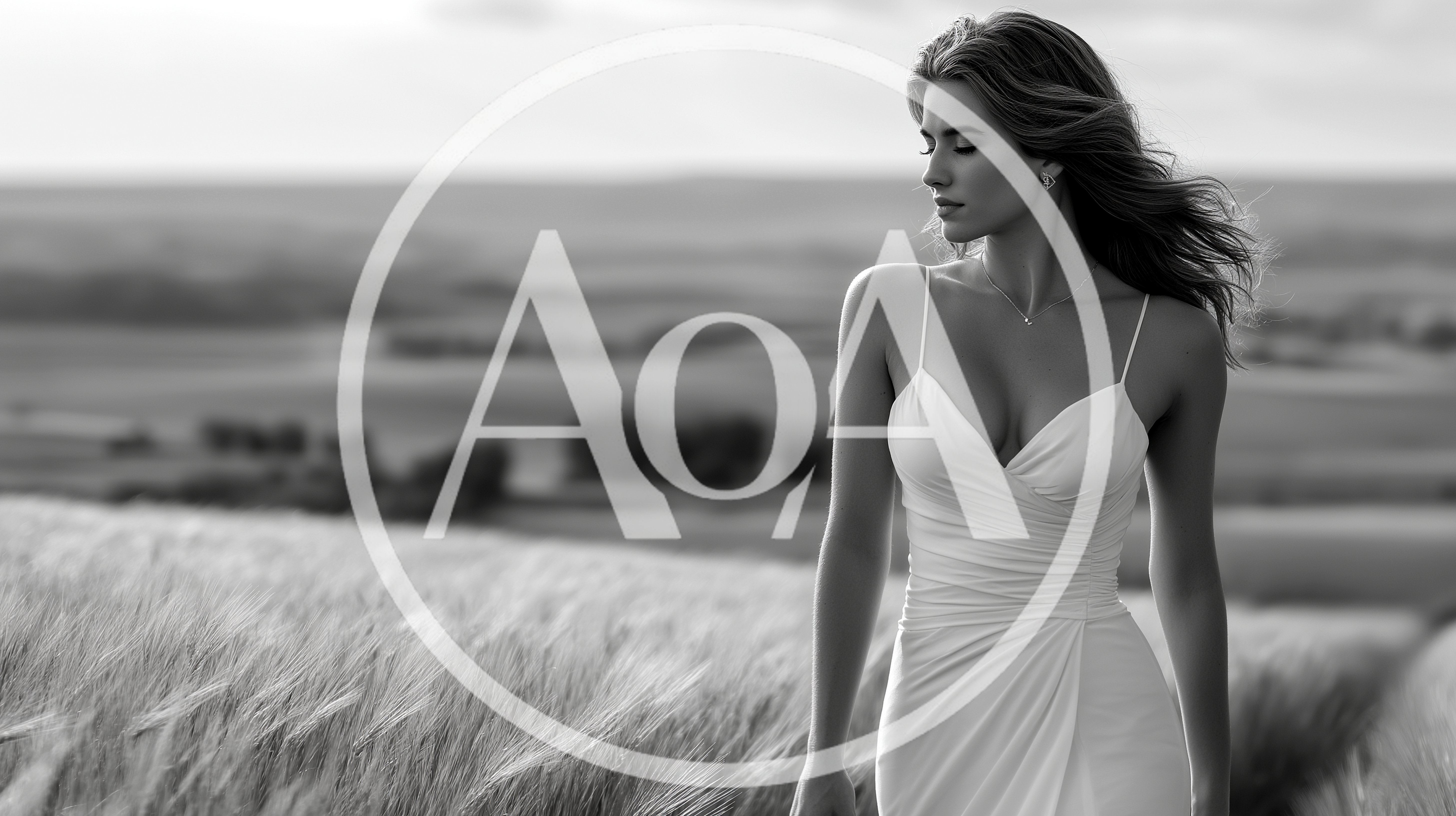 Elegant Woman In White Dress Standing In Wheat Field