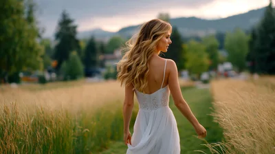 Woman In White Dress Walking Through Golden Field