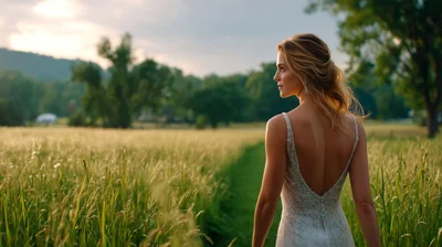 Bride Walking Through A Golden Wheat Field At Sunset