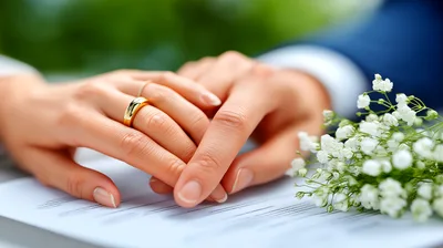 Close Up Of A Couple Holding Hands With Wedding Rings
