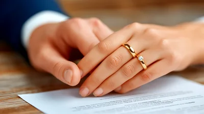 Couple Signing Marriage Contract With Wedding Rings