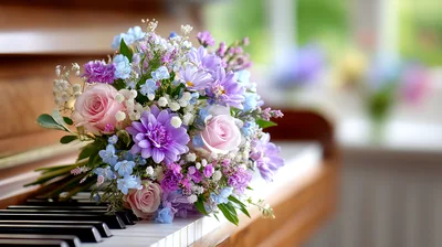 Bouquet of Pastel Flowers Resting on Piano Keys