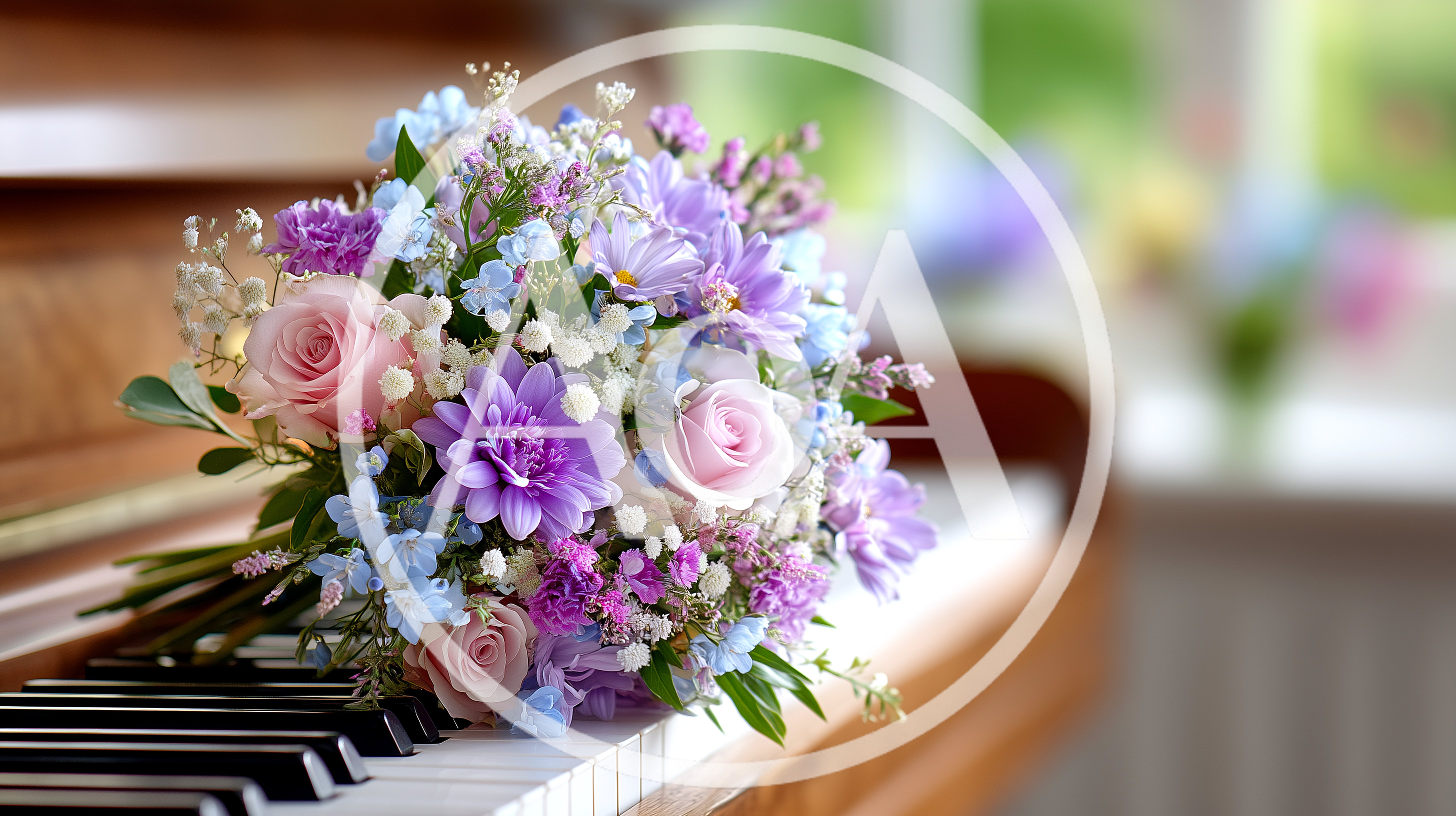 Bouquet of Pastel Flowers Resting on Piano Keys