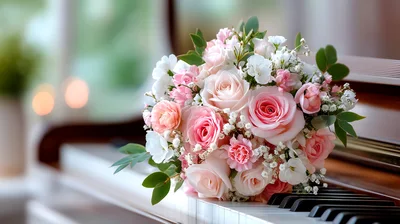 Elegant Pink Rose Bouquet On A Grand Piano