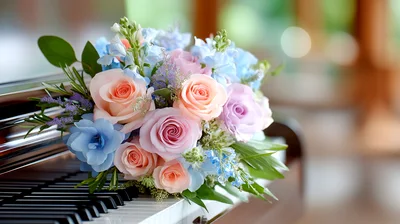 Pastel Floral Bouquet Resting On A Grand Piano