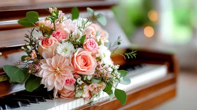 Wedding Bouquet Resting On A Grand Piano