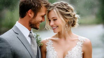 Happy Newlywed Couple Embracing During A Rainy Wedding Day