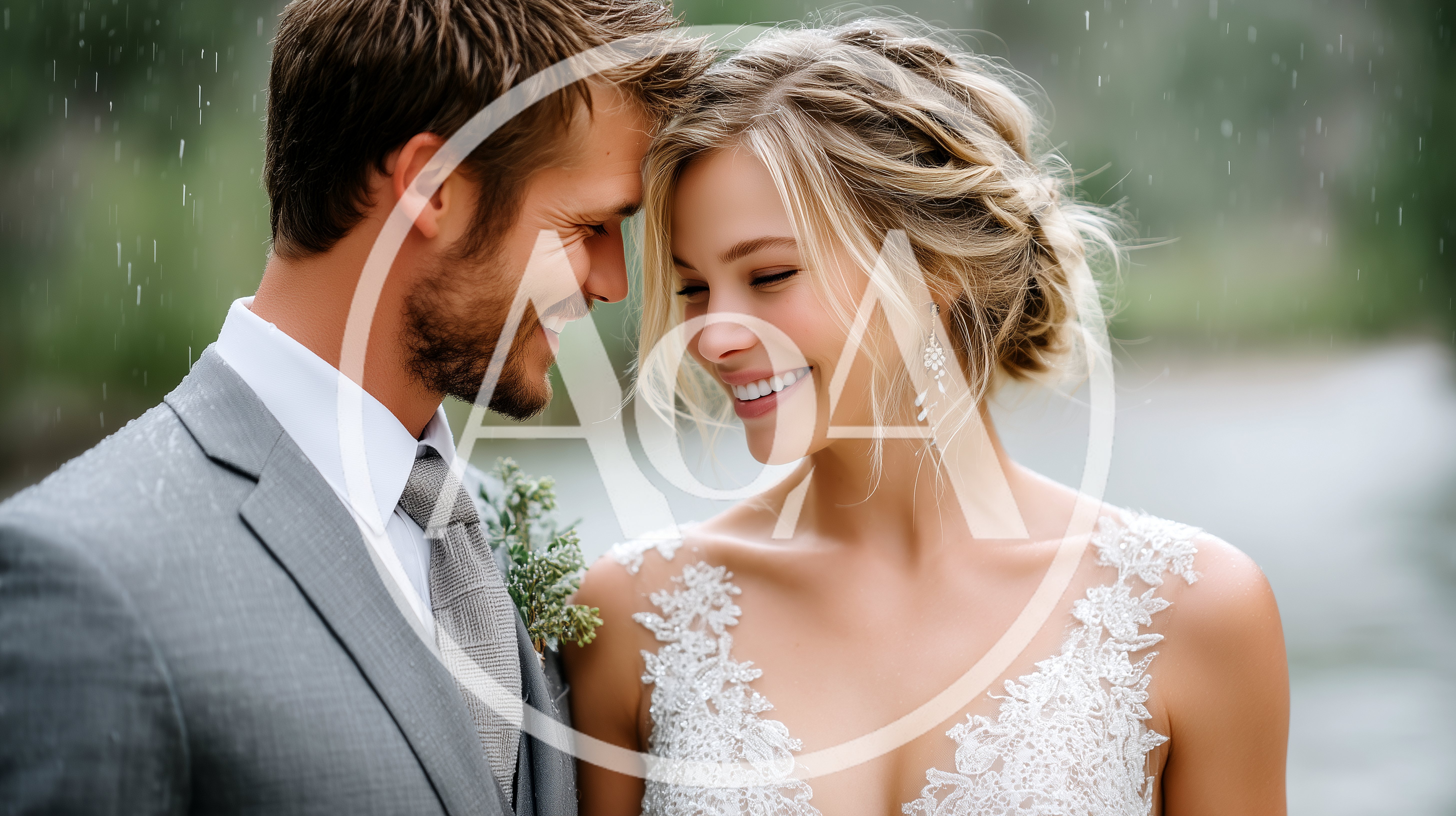 Happy Newlywed Couple Embracing During A Rainy Wedding Day