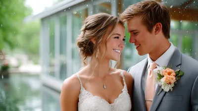 Happy Newlywed Couple Smiling During Outdoor Wedding Ceremony