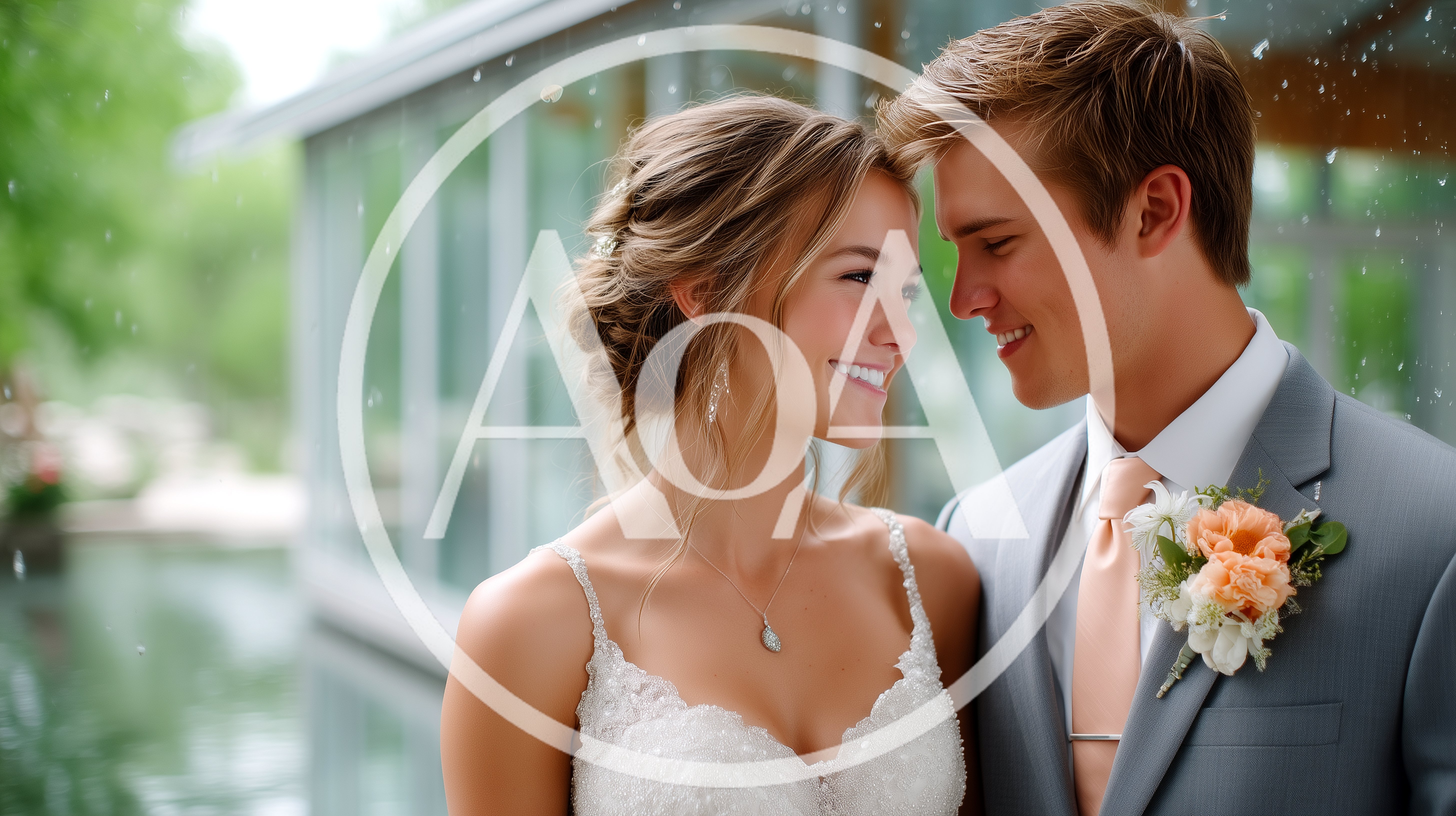 Happy Newlywed Couple Smiling During Outdoor Wedding Ceremony
