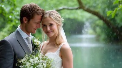 Newlywed Couple Embracing Outdoors During Gentle Rain