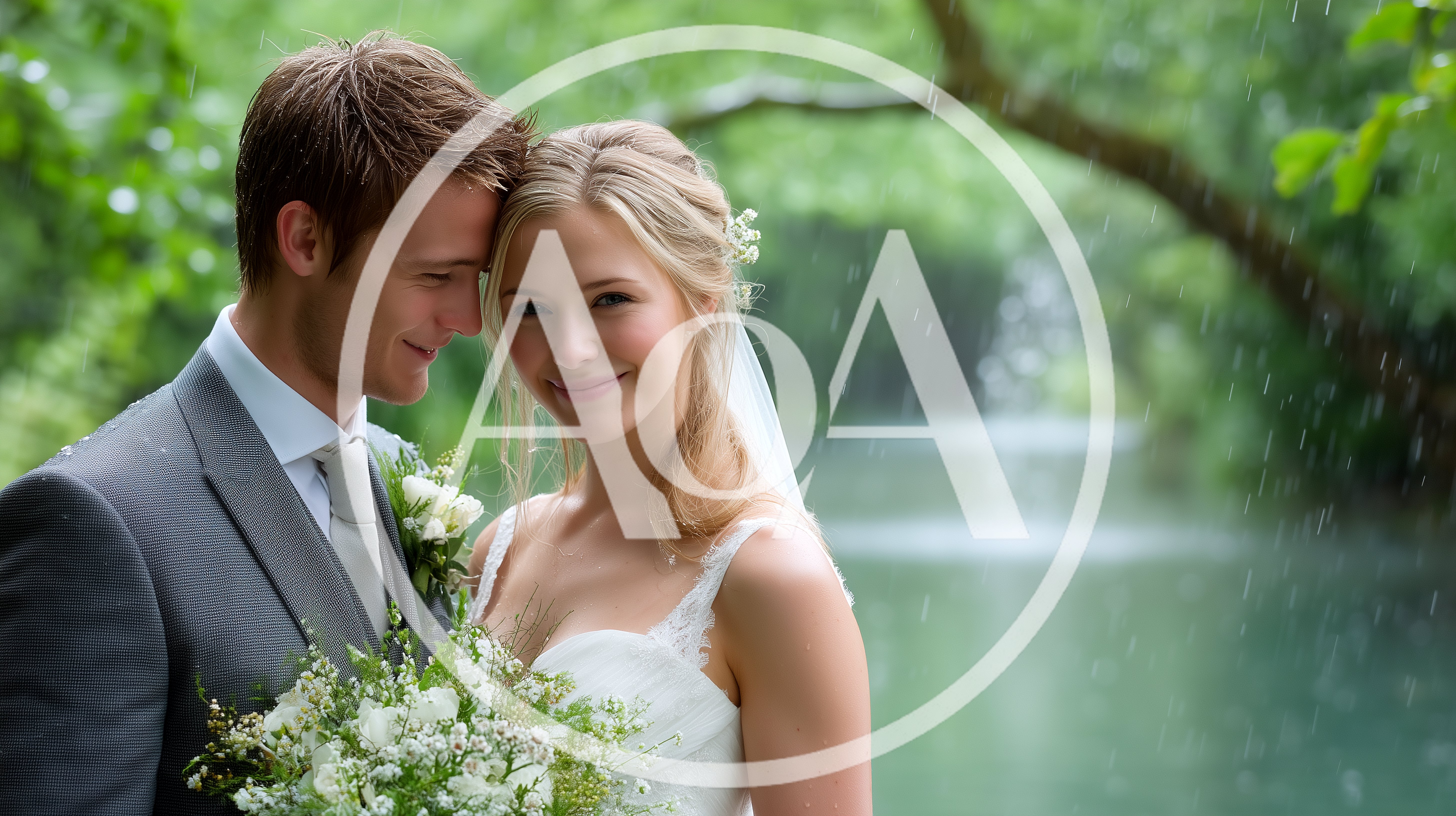 Newlywed Couple Embracing Outdoors During Gentle Rain