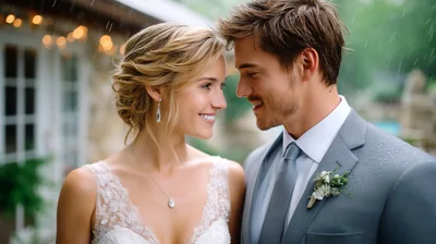 Newlywed Couple Gazing Lovingly During Rainy Wedding Day