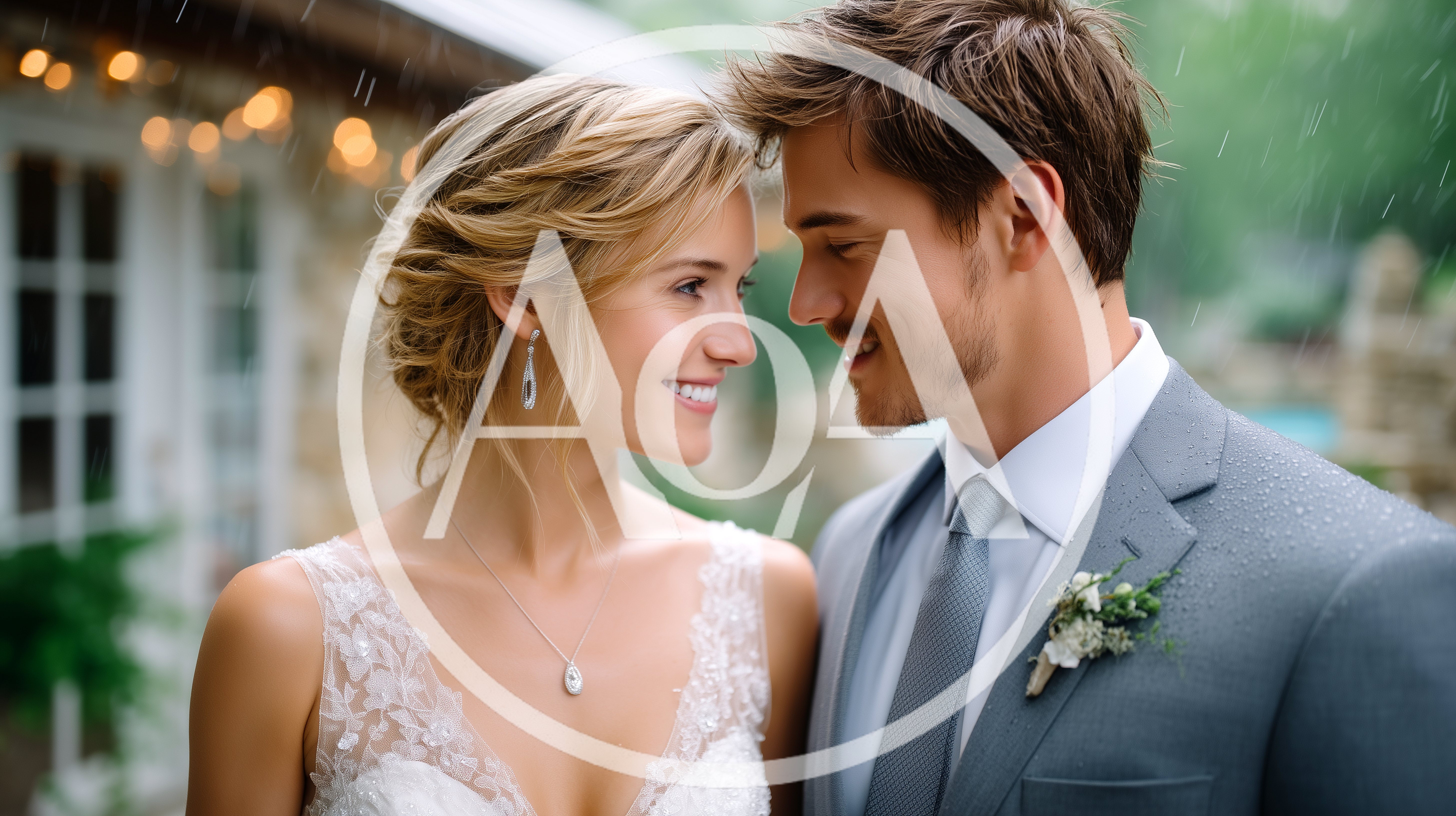 Newlywed Couple Gazing Lovingly During Rainy Wedding Day