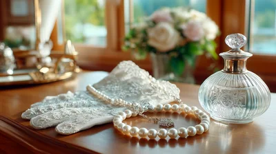 Elegant Bridal Accessories With Pearl Necklace And Lace Gloves