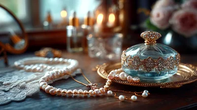 Vintage Perfume Bottle With Pearl Necklace On Vanity