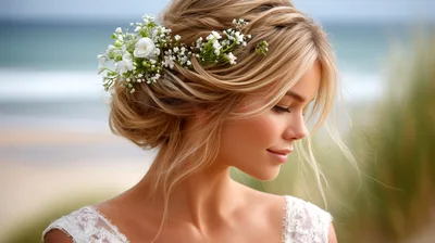Beautiful Bride With Floral Hair Accessory On Beach
