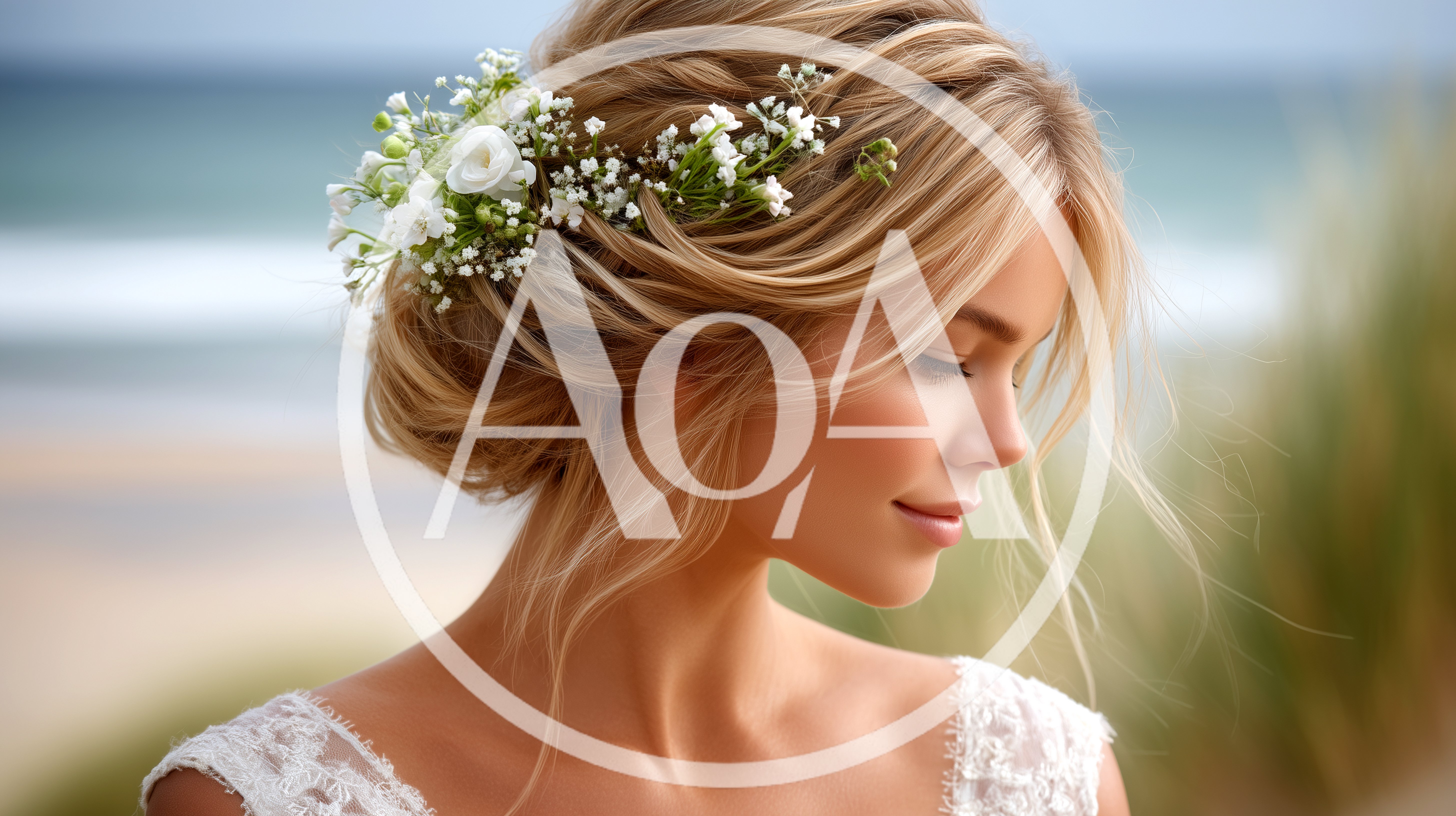 Beautiful Bride With Floral Hair Accessory On Beach
