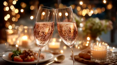 Two Champagne Flutes Toasting During Romantic Dinner