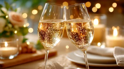 Two Champagne Glasses Toasting At A Romantic Dinner
