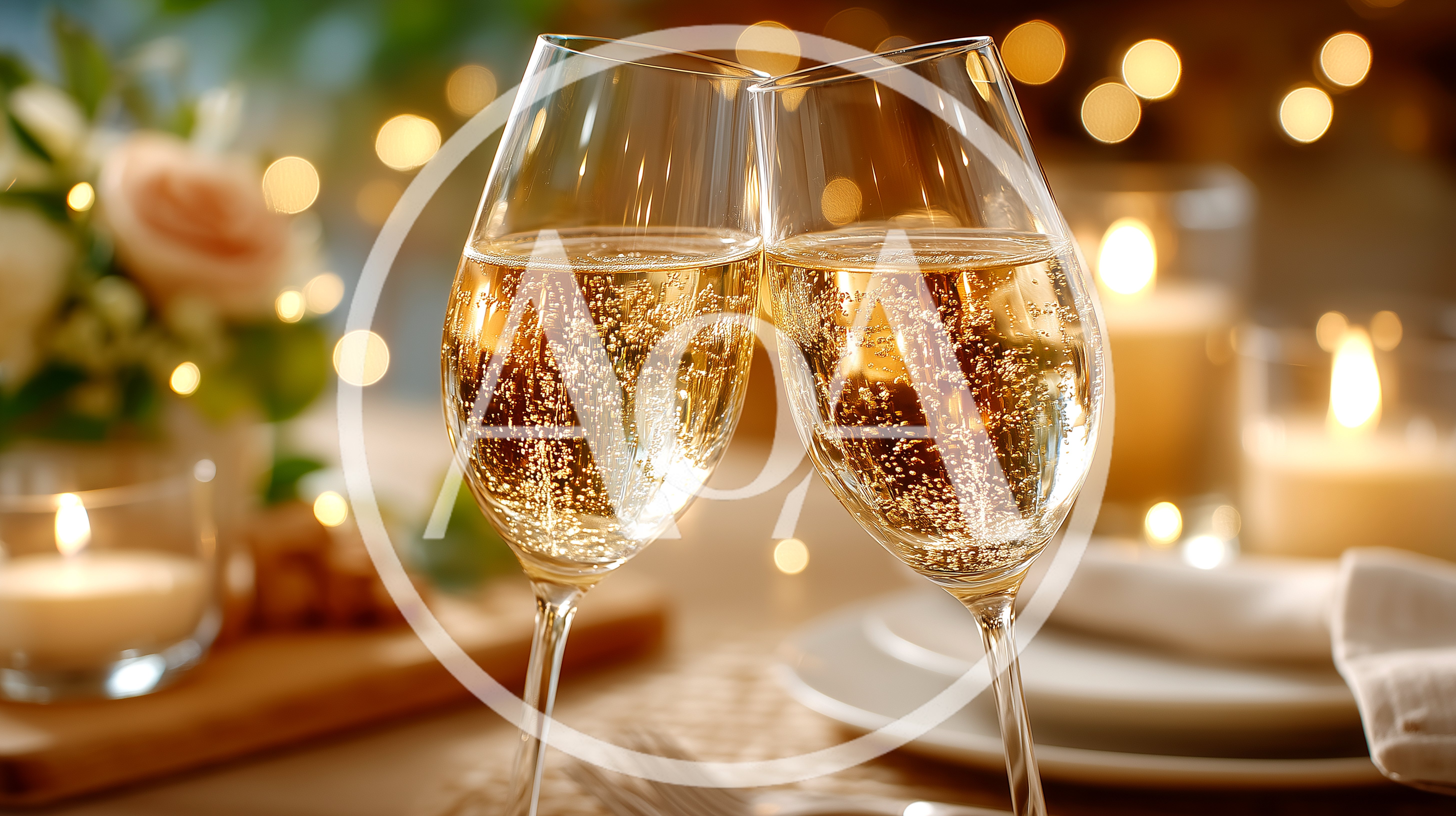 Two Champagne Glasses Toasting At A Romantic Dinner