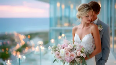 Elegant Bride And Groom Embracing On A Balcony