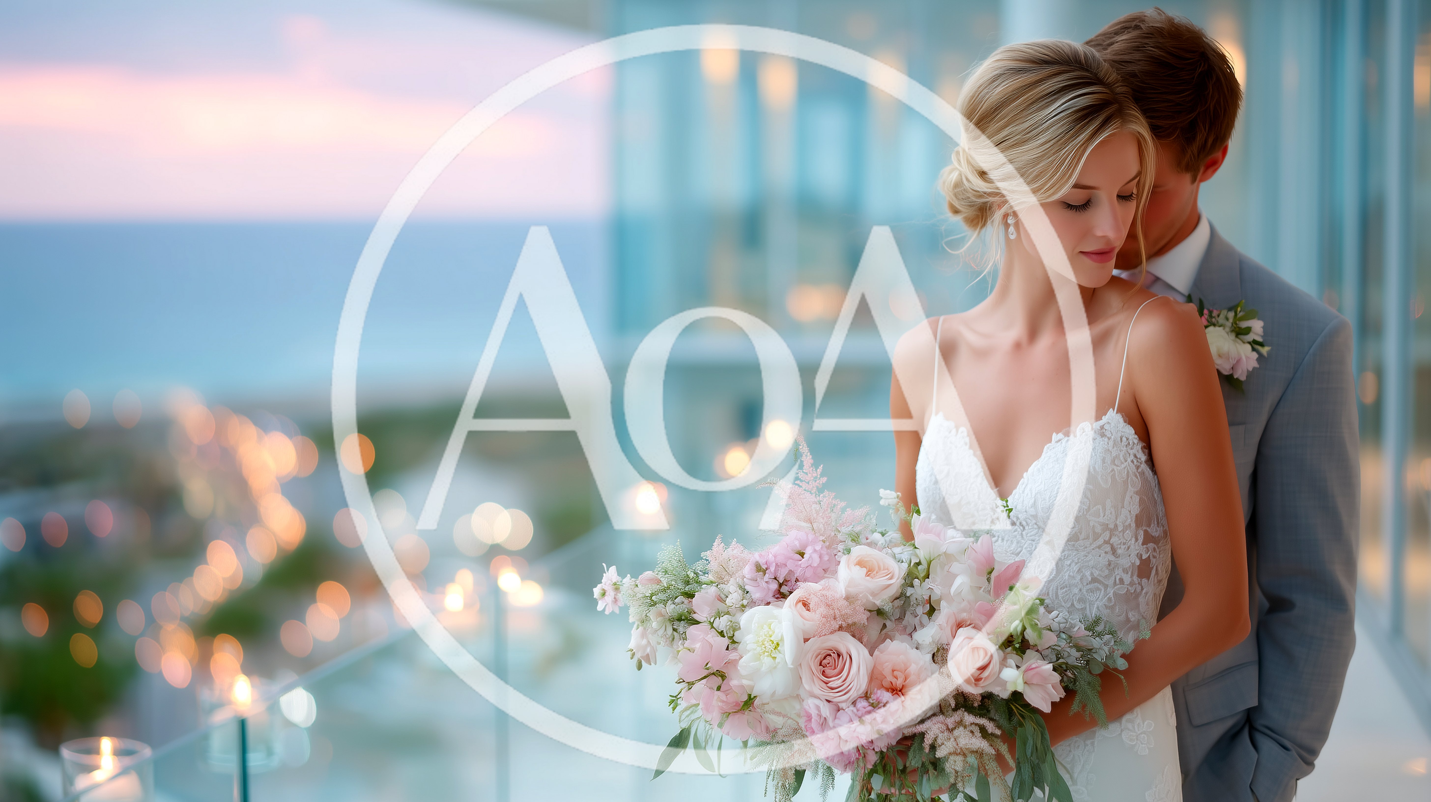 Elegant Bride And Groom Embracing On A Balcony