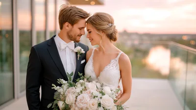 Newlywed Couple Embracing on a Sunset Balcony