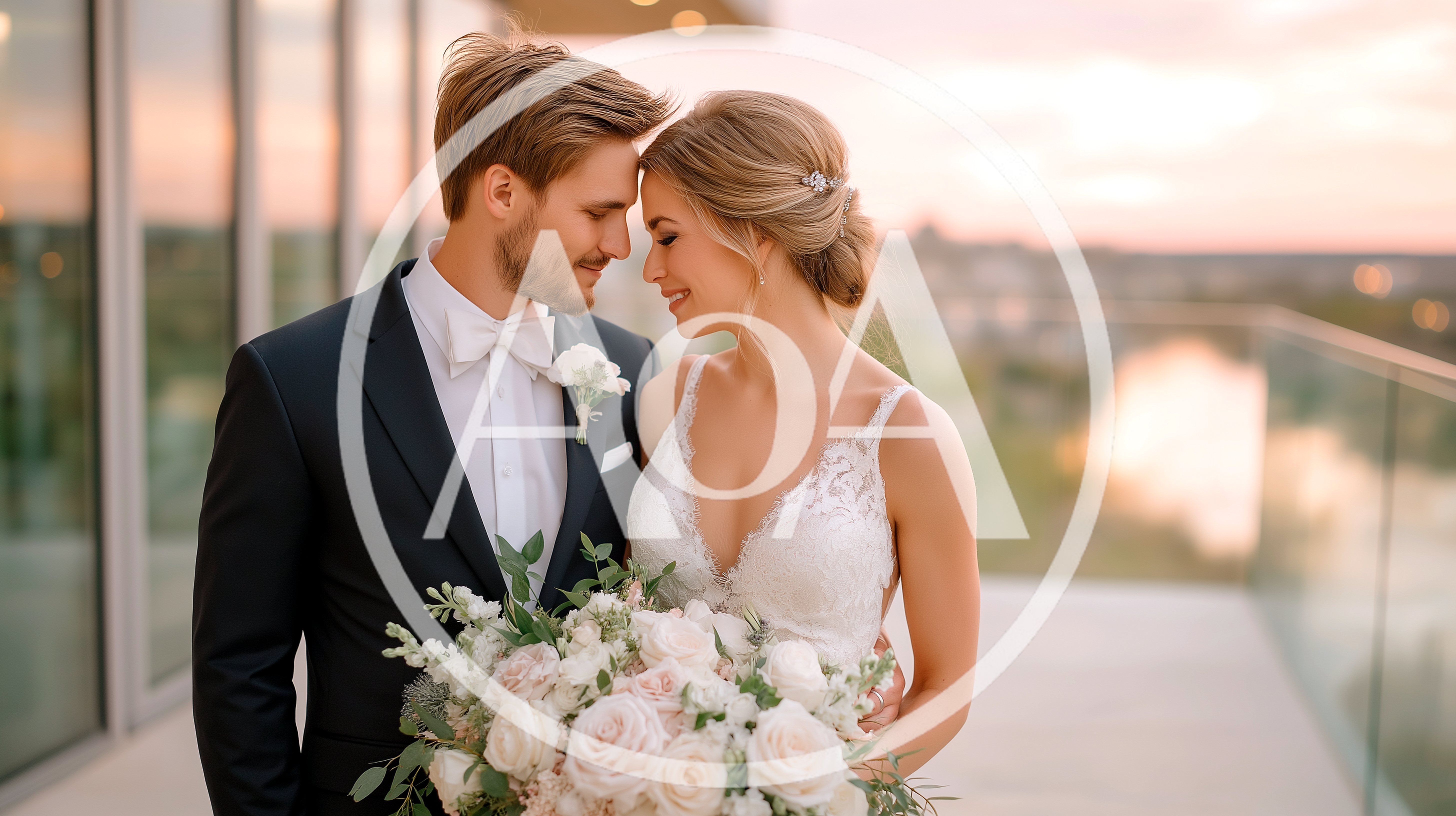 Newlywed Couple Embracing on a Sunset Balcony
