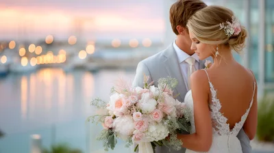 Bride And Groom Embracing At Sunset Wedding