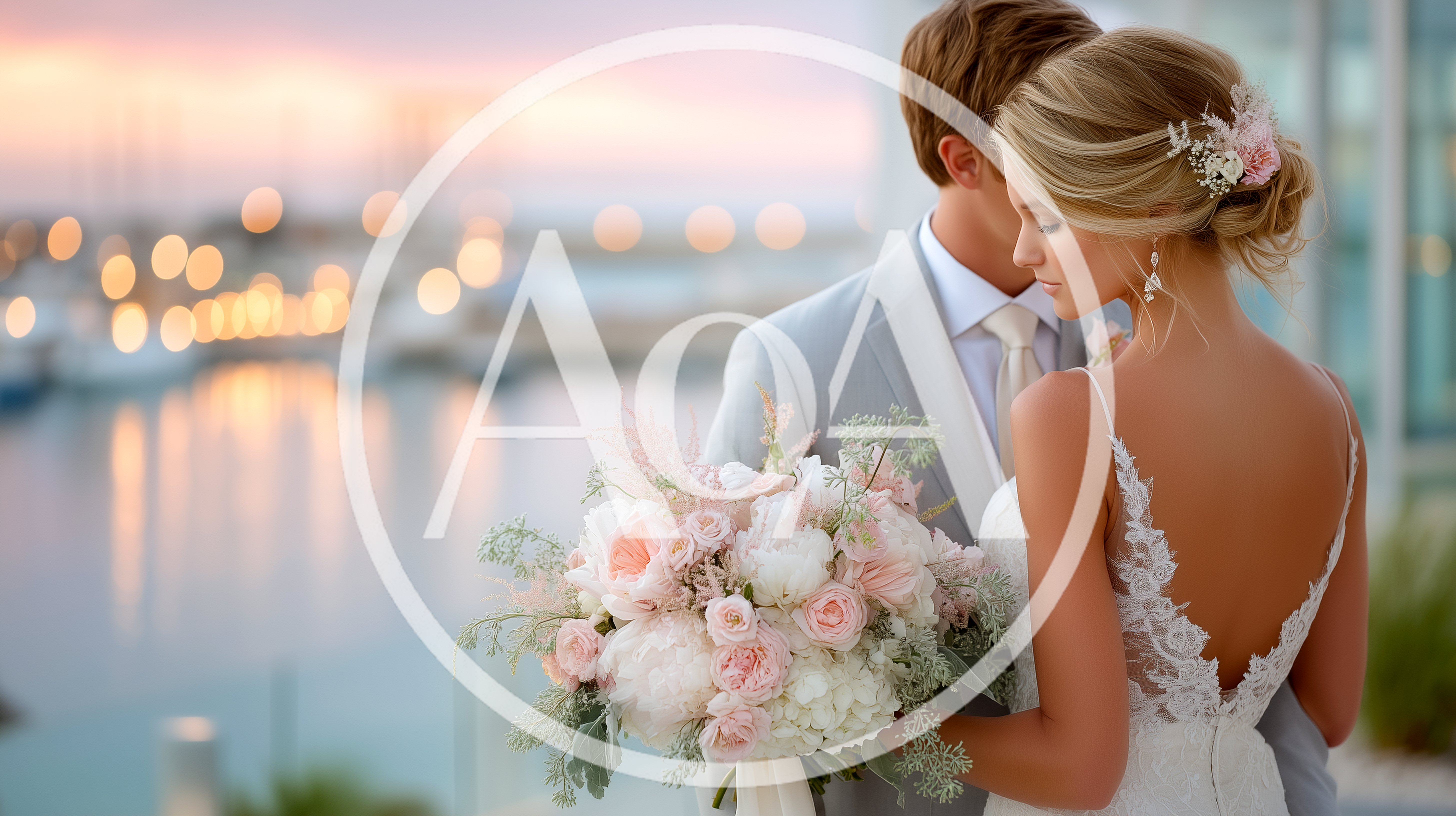 Bride And Groom Embracing At Sunset Wedding