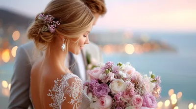 Bride And Groom Standing Together At Sunset Wedding