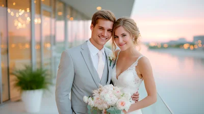 Happy Newlywed Couple Posing Together On Wedding Day
